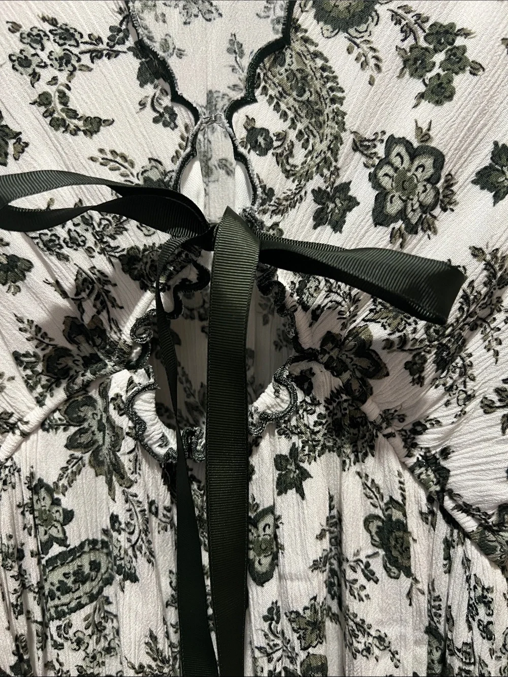 Trixxi White Dress with Olive Floral Print and Velvet Tie |Cottagecore - Picture 3 of 10